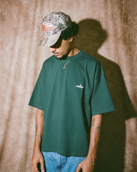 Oversized Boxy Chainstitch Logo T-Shirt - Forest Green/Ivory