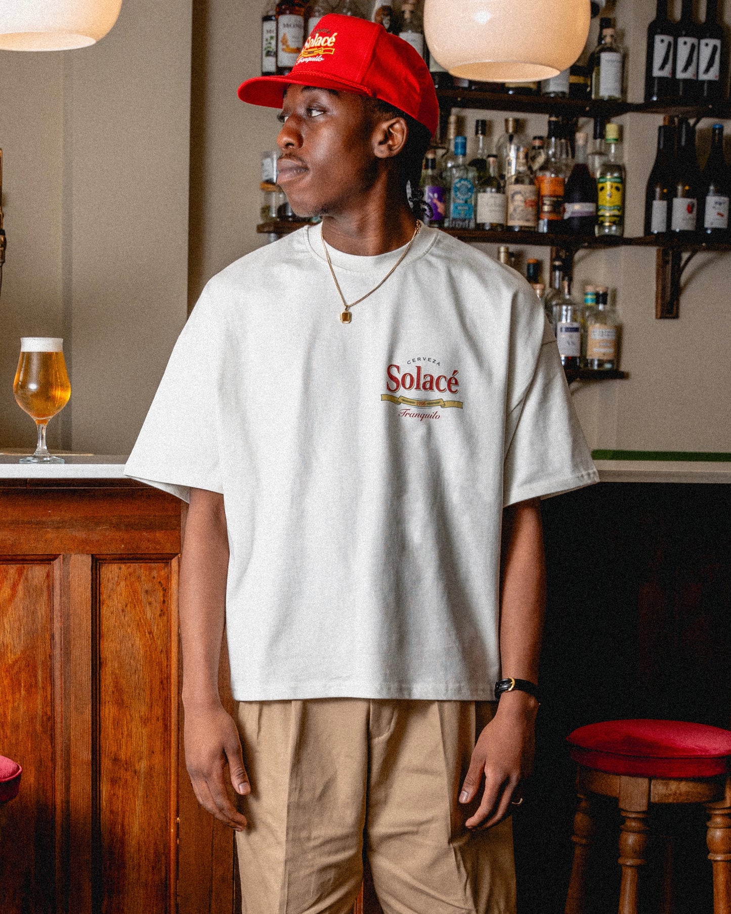 Oversized Boxy Cerveza T-Shirt - Vintage White/Rose Red