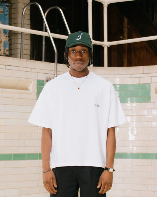 Oversized Boxy Chainstitch Logo T-Shirt - Ivory/Forest Green