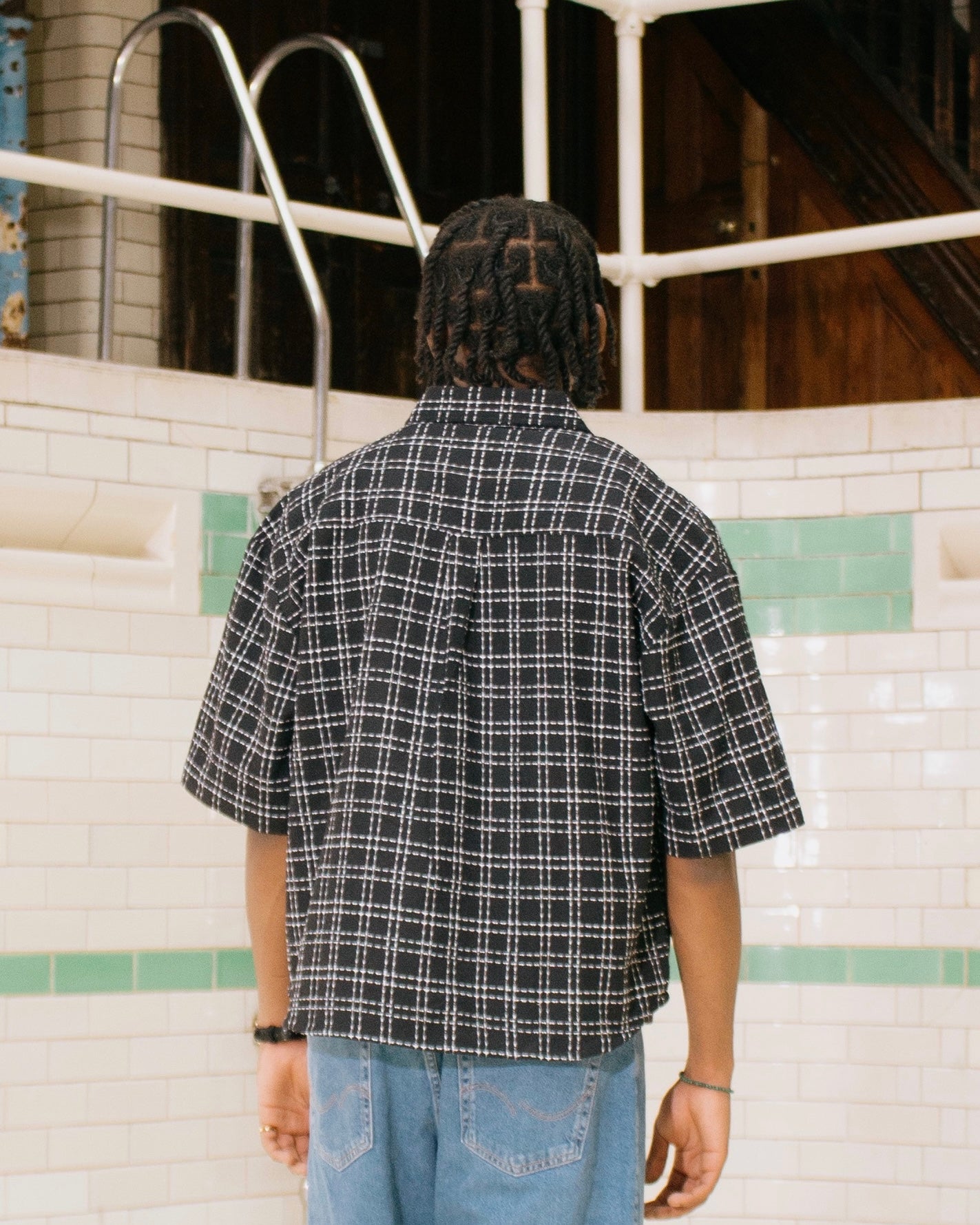 Oversized Boxy Boucle Check Half Zip Shirt - Black/Ivory