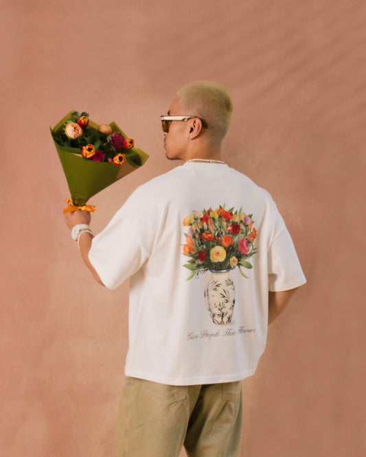 Oversized Boxy May Flowers T-Shirt - Ivory/Black