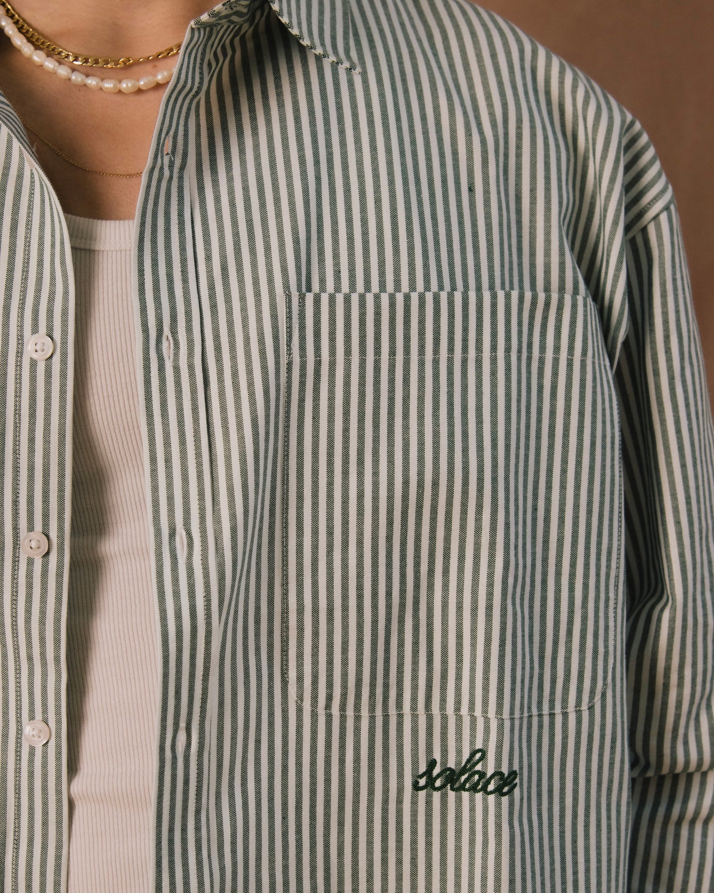 Chainstitch Logo Striped Oxford Shirt - Ivory/Forest Green