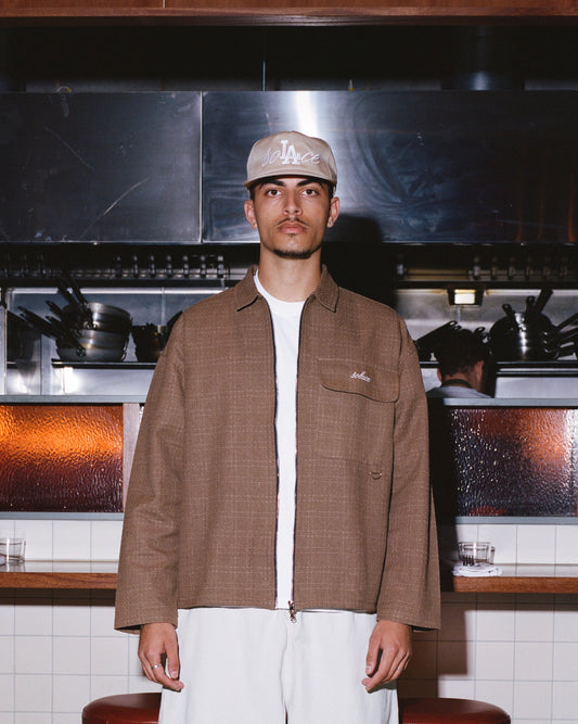 Oversized Boxy Boucle Check Zip Overshirt - Cinnamon Brown/Ivory