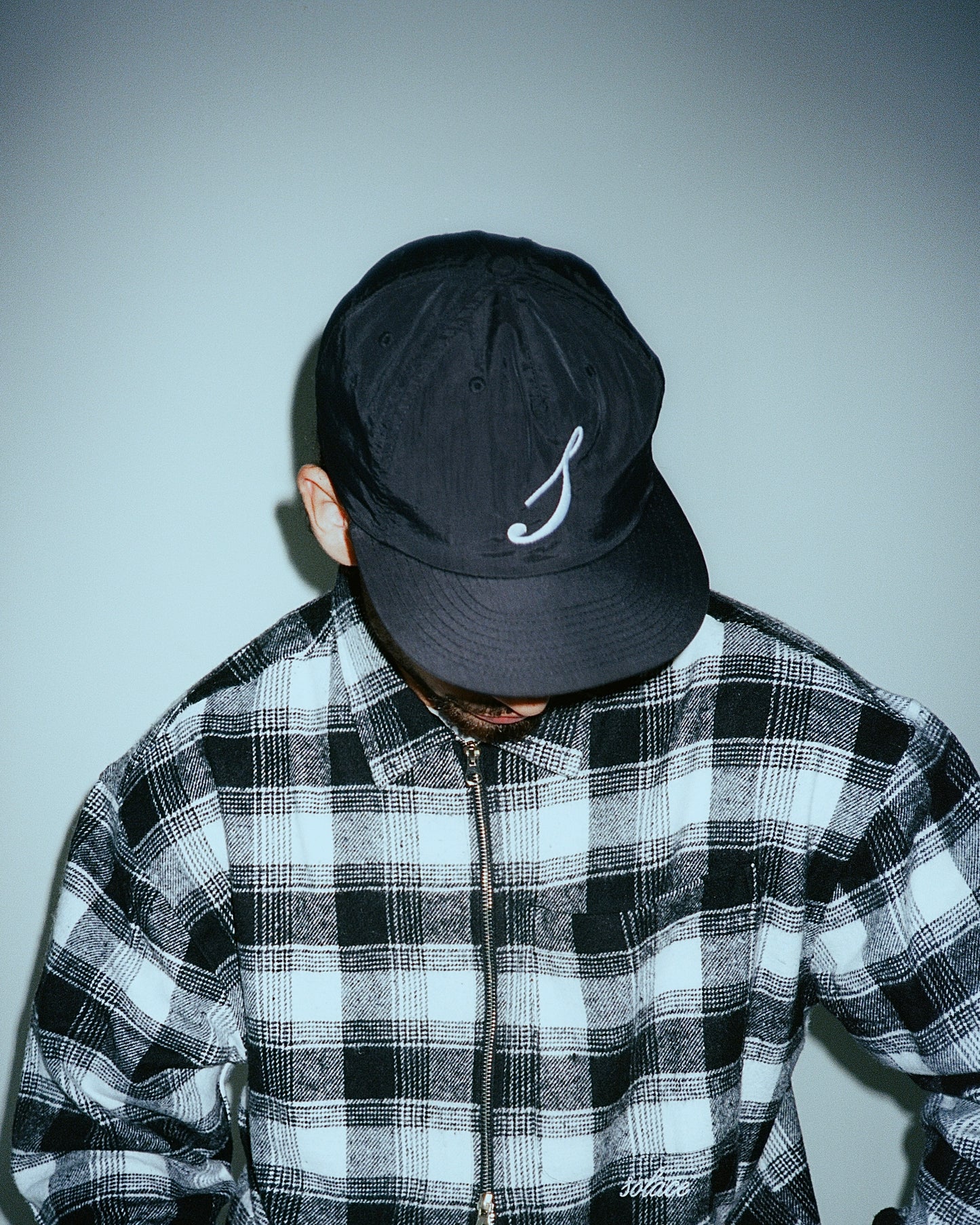 Nylon Initial 5 Panel Baseball Cap - Black/Ivory